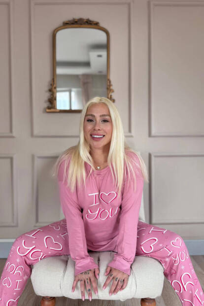 Pembe Love You Desenli Termal Kadın Pijama Takımı - Pijamaevi (1)