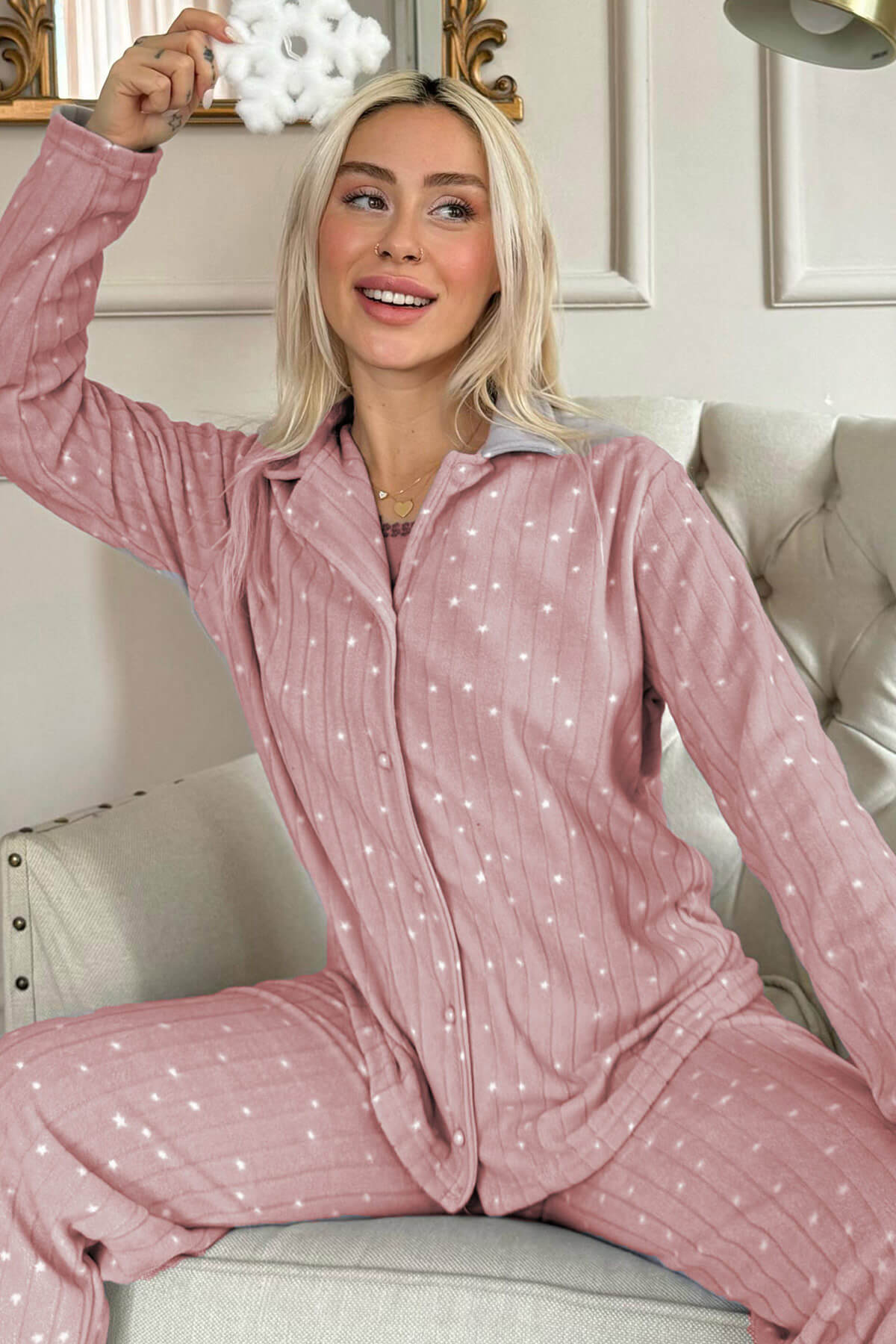 Pembe Lune Desenli Önden Düğmeli Peluş Polar Pijama Takımı