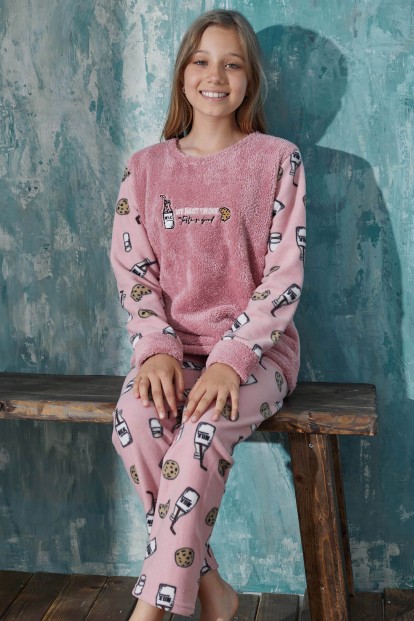 Pembe Milk Desenli Kız Çocuk Peluş Pijama Takımı - Pijamaevi
