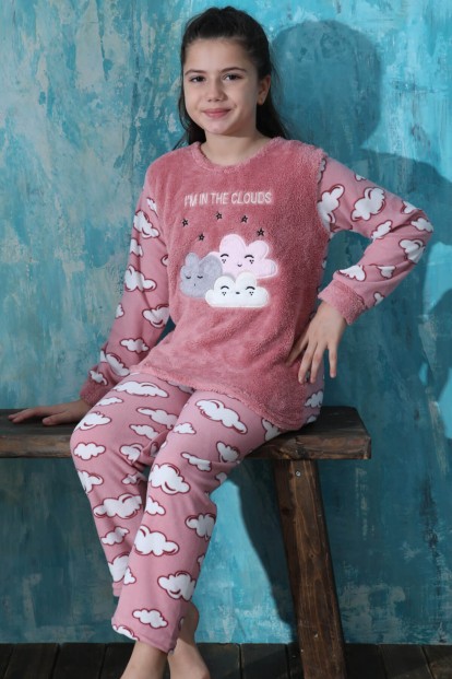 Pembe Moon Cloud Desenli Kız Çocuk Peluş Pijama Takımı - Pijamaevi