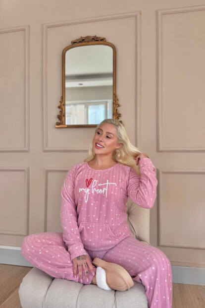 Pembe My Heart Desenli Kanguru Cepli Peluş Polar Pijama Takımı - Pijamaevi (1)