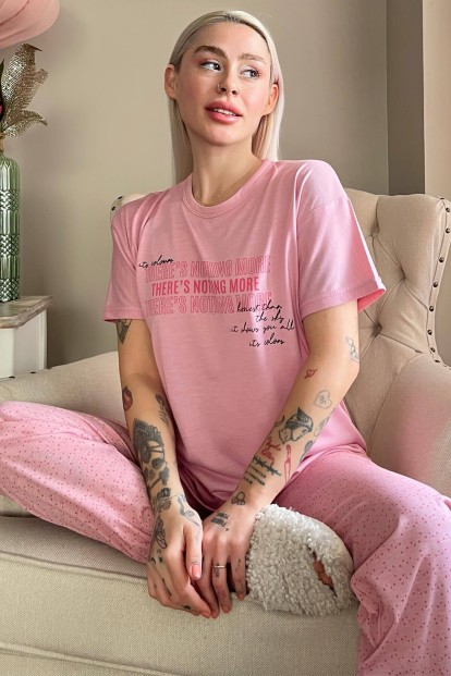 Pembe Nothing Baskılı Örme Kısa Kollu Kadın Pijama Takımı - Pijamaevi