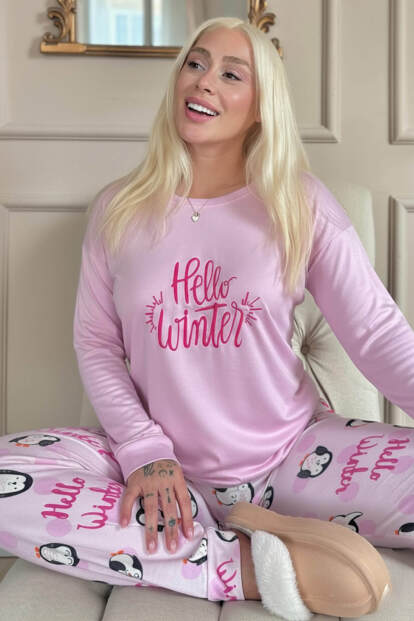 Pembe Penguen Winter Desenli Termal Kadın Pijama Takımı - Pijamaevi