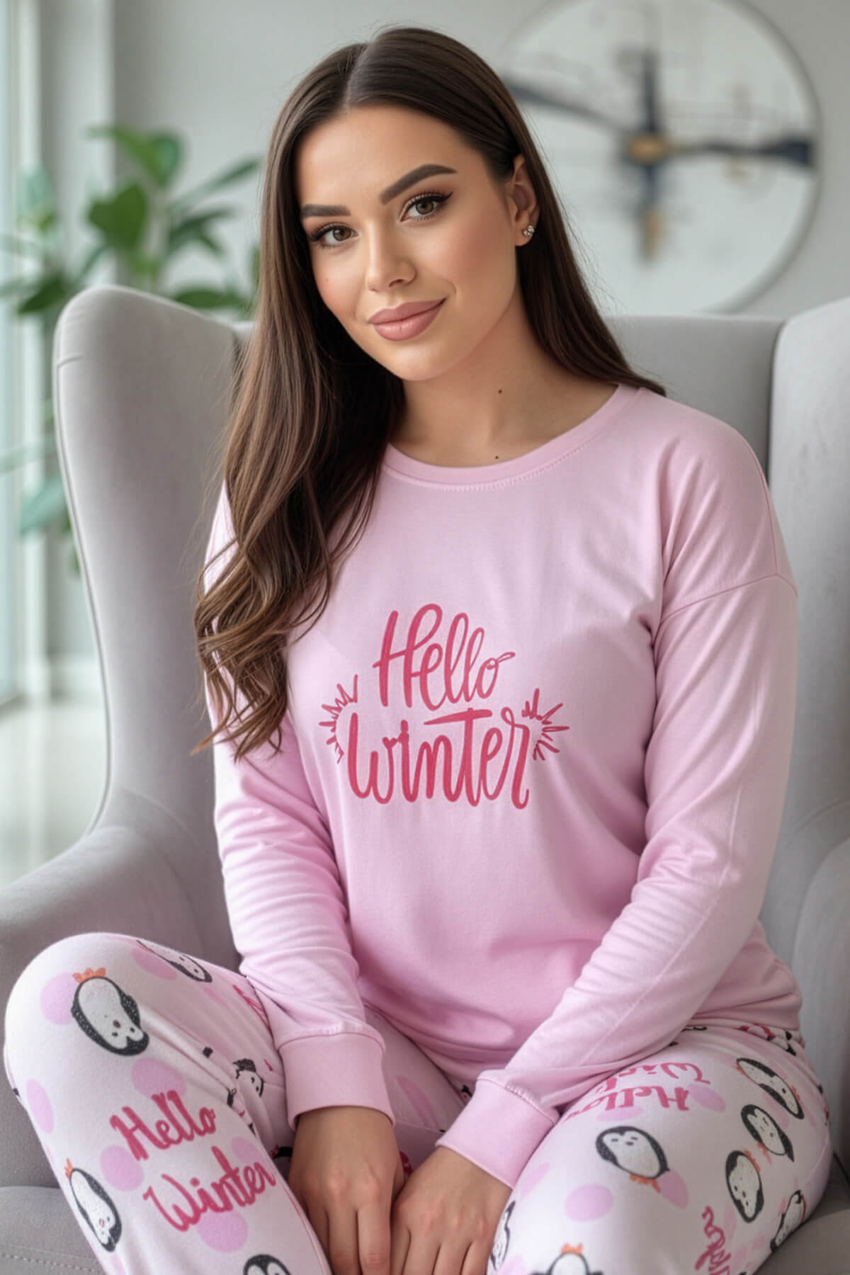 Pembe Penguen Winter Desenli Termal Kadın Pijama Takımı