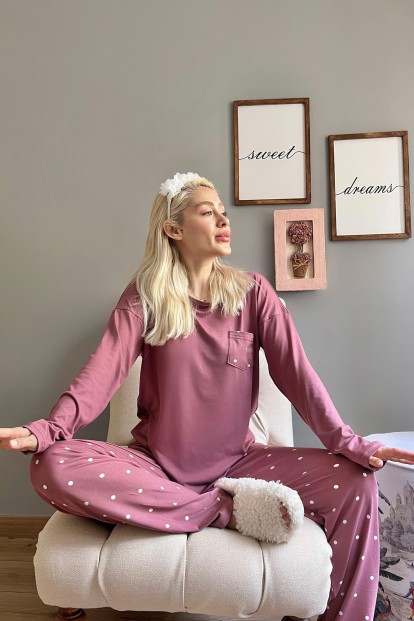 Pembe Puantiye Desenli Bambu Uzun Kol Kadın Pijama Takımı - Pijamaevi (1)