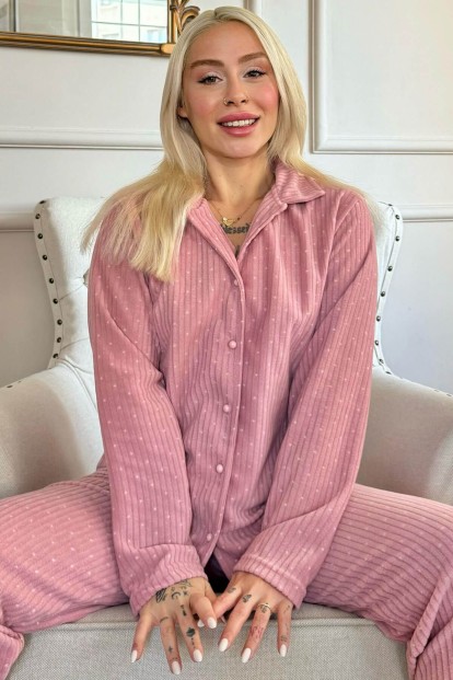 Pembe Punt Desenli Önden Düğmeli Peluş Polar Pijama Takımı - Pijamaevi