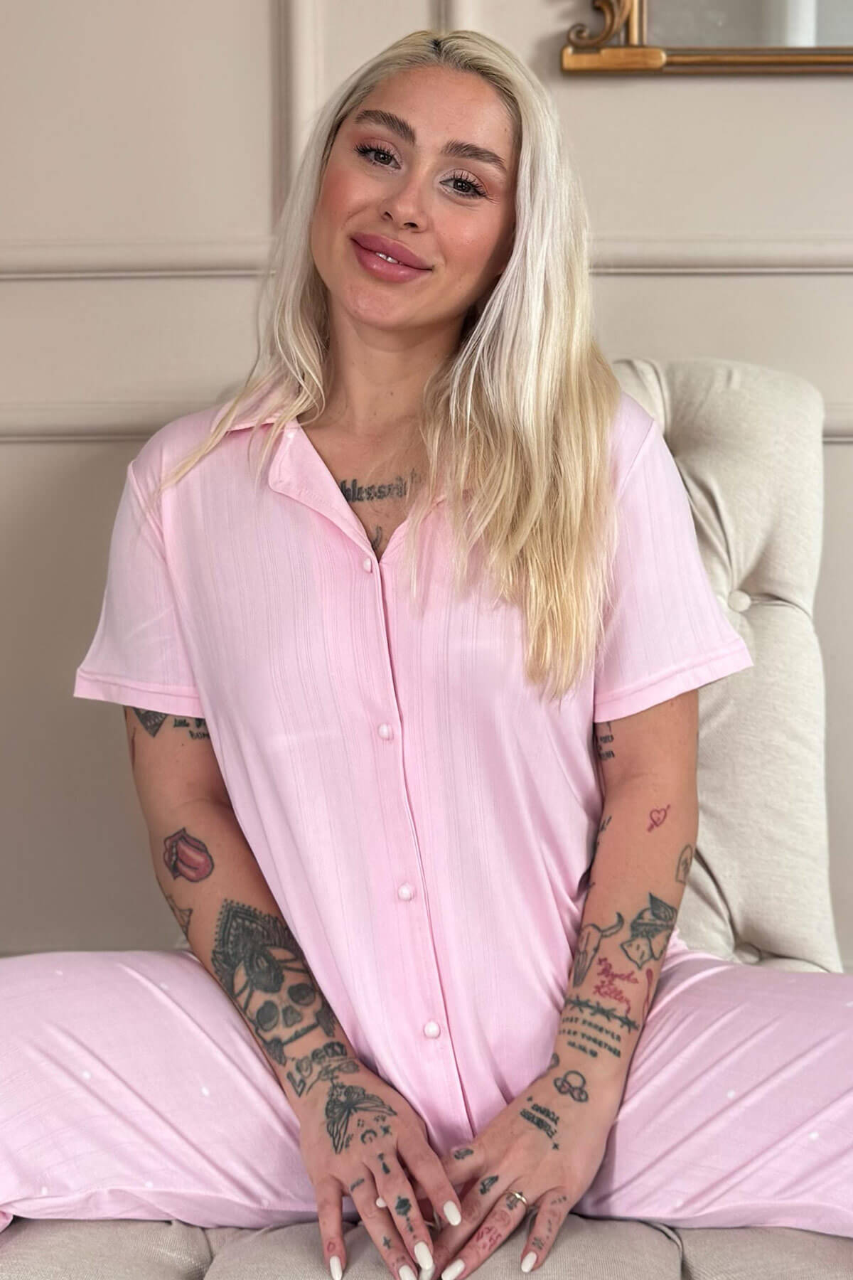 Pembe Reve Rose Desenli Önden Düğmeli Marlenka Pijama Takımı