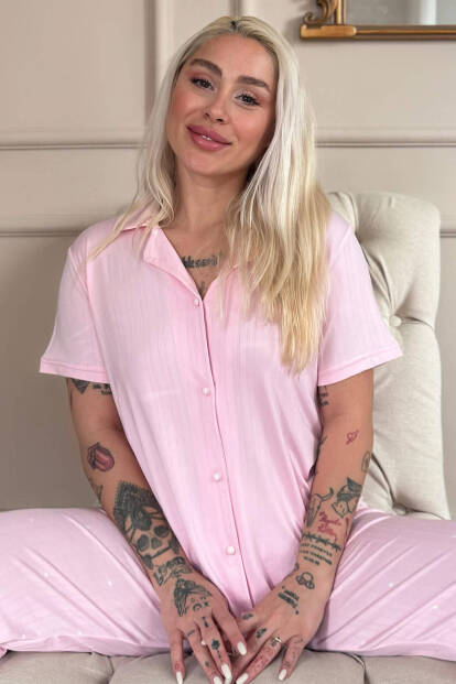 Pembe Reve Rose Desenli Önden Düğmeli Marlenka Pijama Takımı - Pijamaevi