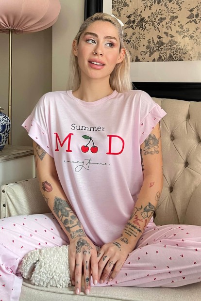 Pembe Summer Mod Baskılı Örme Kısa Kollu Kadın Pijama Takımı - Pijamaevi