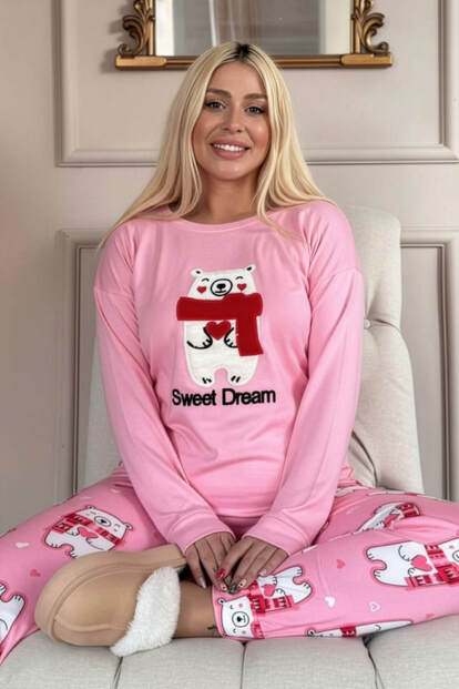 Pembe Sweet Dream Desenli Termal Kadın Pijama Takımı - Pijamaevi