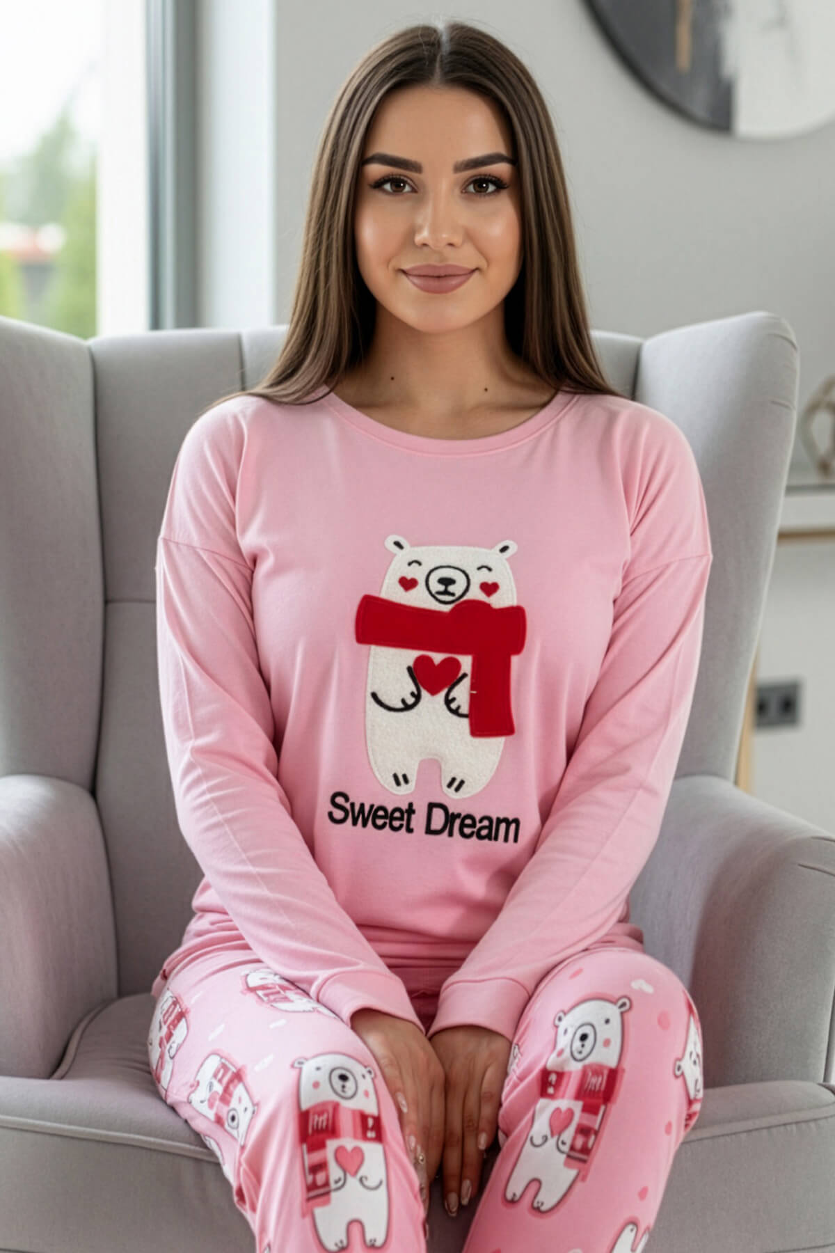 Pembe Sweet Dream Desenli Termal Kadın Pijama Takımı