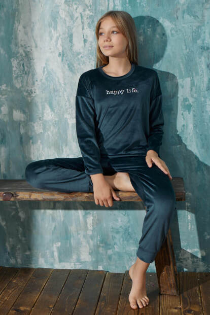 Petrol Happy Life Desenli Exclusive Kadife Kız Çocuk Pijama Takımı  - Pijamaevi
