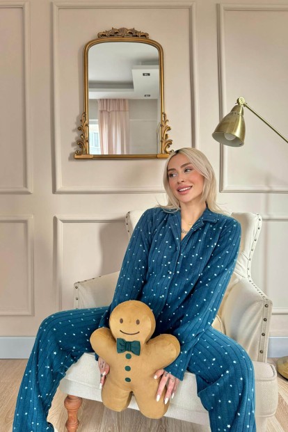 Petrol Lune Desenli Önden Düğmeli Peluş Polar Pijama Takımı - Pijamaevi (1)