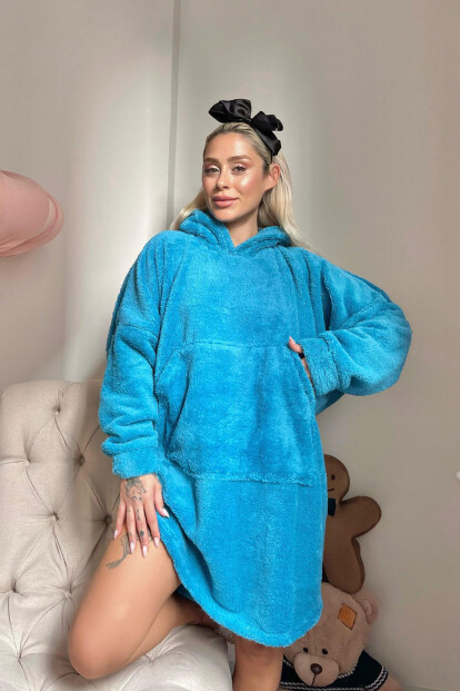 Petrol Mavi Kapşonlu Tam Peluş Oversize Sweat Panço Pijama - Pijamaevi (1)
