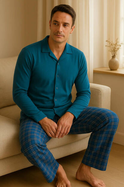 Petrol Mavisi Ekose Önden Düğmeli Uzun Kollu Erkek Pijama Takımı - Pijamaevi