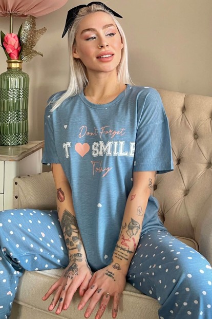 Petrol Mavisi Smile Baskılı Örme Kısa Kollu Kadın Pijama Takımı - Pijamaevi