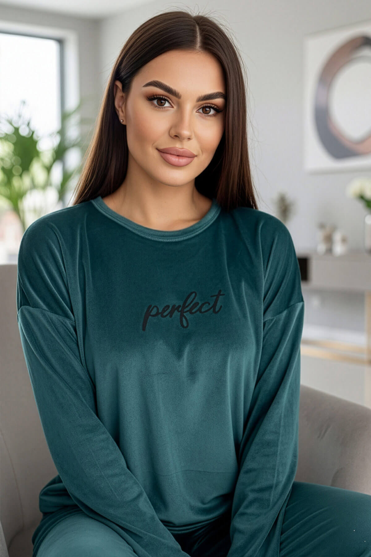 Petrol Perfect Desenli Exclusive Kadife Kadın Pijama Takımı 