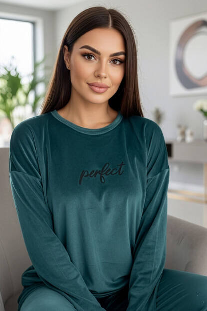 Petrol Perfect Desenli Exclusive Kadife Kadın Pijama Takımı  - Pijamaevi