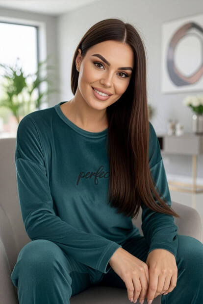 Petrol Perfect Desenli Exclusive Kadife Kadın Pijama Takımı  - Pijamaevi (1)