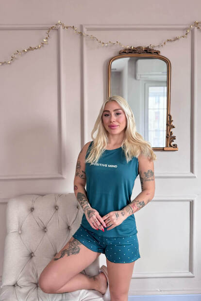 Petrol Positive Mind Desenli Bambu Sıfır Kol Şortlu Kadın Pijama Takımı - Pijamaevi (1)