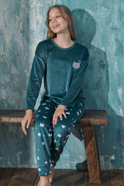 Petrol Rabbit Desenli Exclusive Kadife Kız Çocuk Pijama Takımı  - Pijamaevi