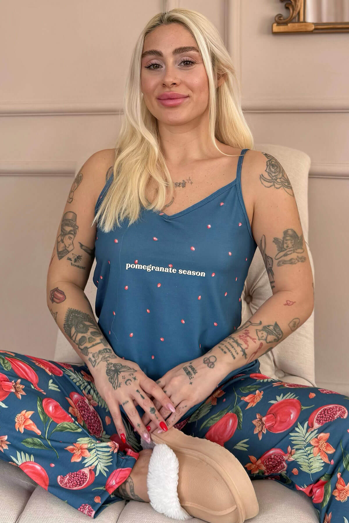 Petrol Season Baskılı Ip Askılı Örme Kadın Pijama Takımı