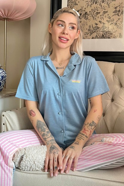 Petrol Yeşili Çizgi Baskılı Örme Önden Düğmeli Kısa Kol Kadın - Pijamaevi