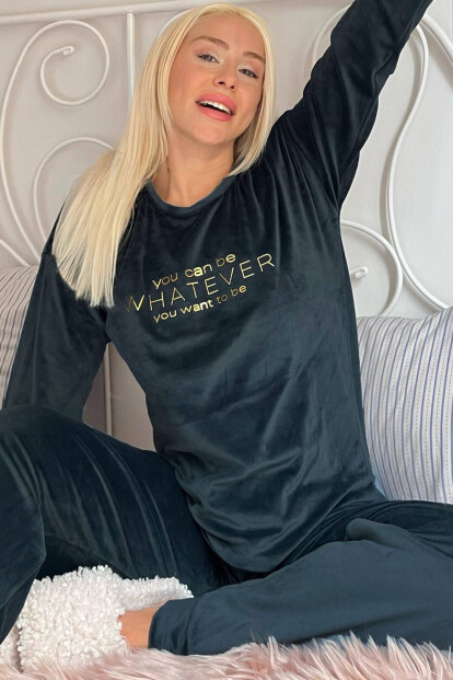 Petrol Yeşili Whatever Desenli Exclusive Kadife Kadın Pijama Takımı  - Pijamaevi