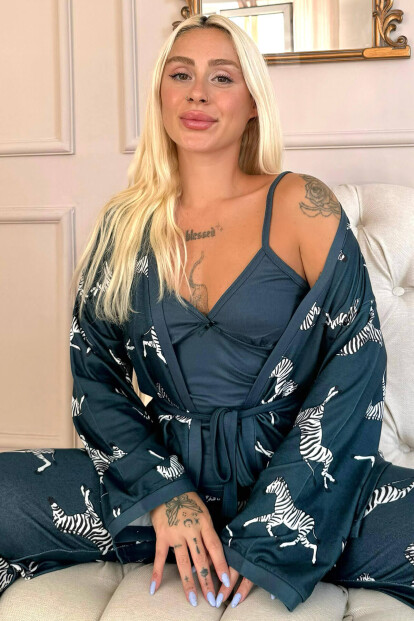 Petrol Zebra Desenli Termal Sabahlıklı Kadın Pijama Takımı - Pijamaevi