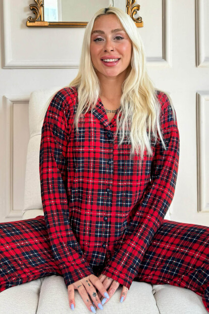 Piti Kareli Desenli Önden Düğmeli Uzun Kollu Kadife Pijama Takımı - Pijamaevi