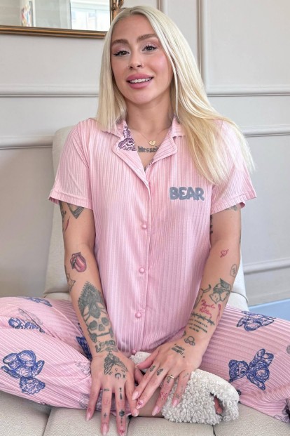 Pudra Bear Desenli Zincir Önden Düğmeli Kısa Kol Kadın Pijama - Pijamaevi