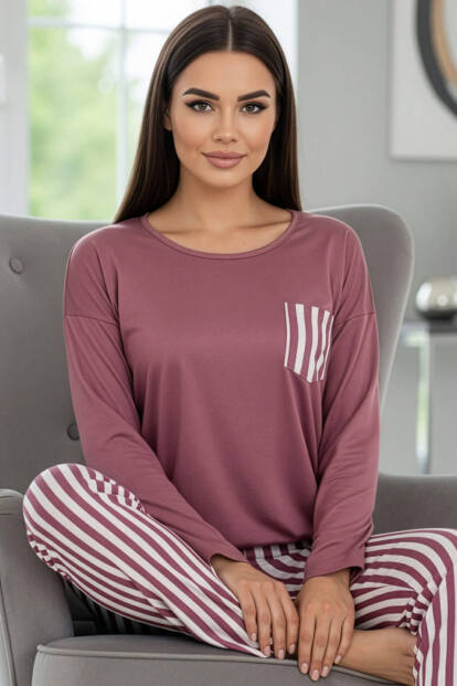 Pudra Çizgi Desenli Uzun Kollu Bambu Örme Kadın Pijama Takımı - Pijamaevi