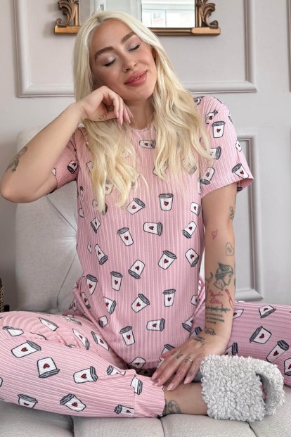 Pudra Coffee Desenli Kısa Kol Örme Zincir Kadın Pijama Takımı - Pijamaevi