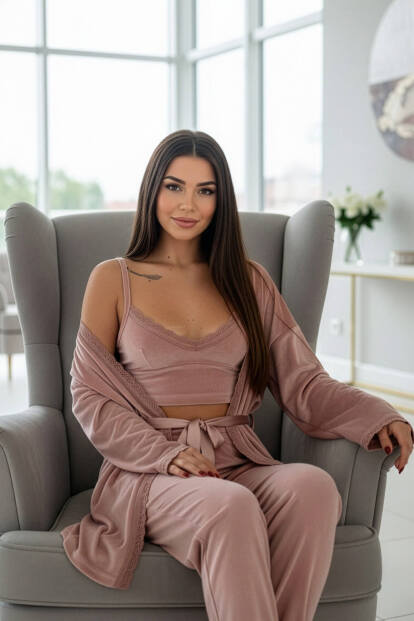 Pudra Crop Exclusive Kadife Sabahlıklı Kadın Pijama Takımı  - Pijamaevi (1)