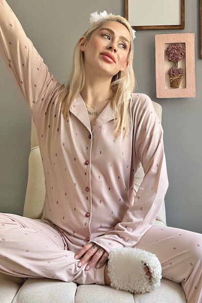 Pudra Double Desenli Bambu Önden Düğmeli Kadın Pijama Takımı - Pijamaevi