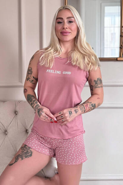 Pudra Feeling Good Desenli Bambu Sıfır Kol Şortlu Kadın Pijama Takımı - Pijamaevi