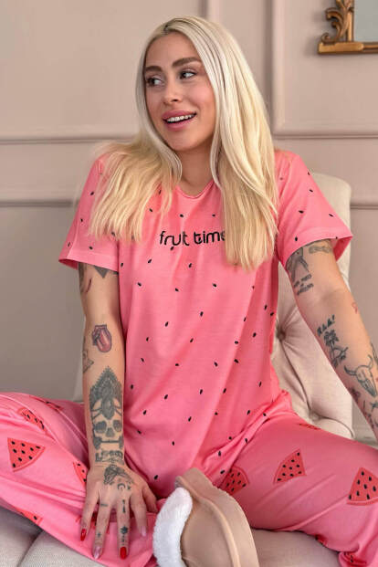 Pudra Fruit Time Desenli Örme Kısa Kol Kadın Pijama Takımı - Pijamaevi