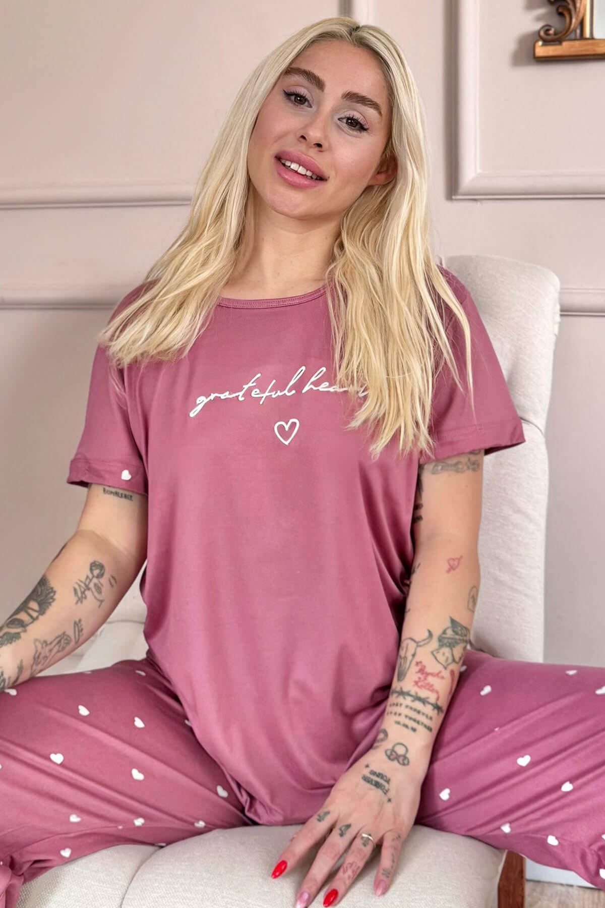 Pudra Grateful Heart Desenli Bambu Kısa Kol Kadın Pijama Takımı