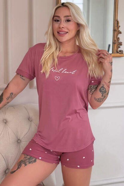 Pudra Grateful Heart Desenli Bambu Kısa Kol Kadın Şortlu Pijama Takımı - Pijamaevi