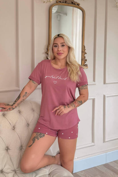 Pudra Grateful Heart Desenli Bambu Kısa Kol Kadın Şortlu Pijama Takımı - Pijamaevi (1)