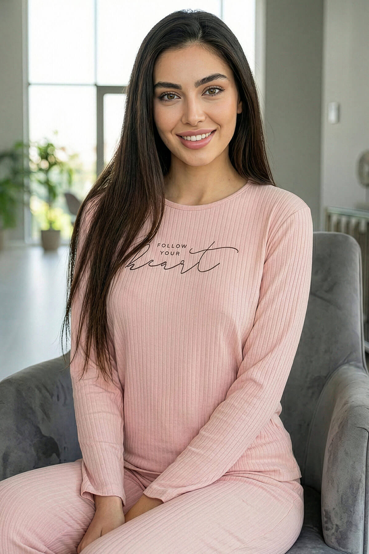 Pudra Heart Desenli Uzun Kollu Dublin Örme Kadın Pijama Takımı