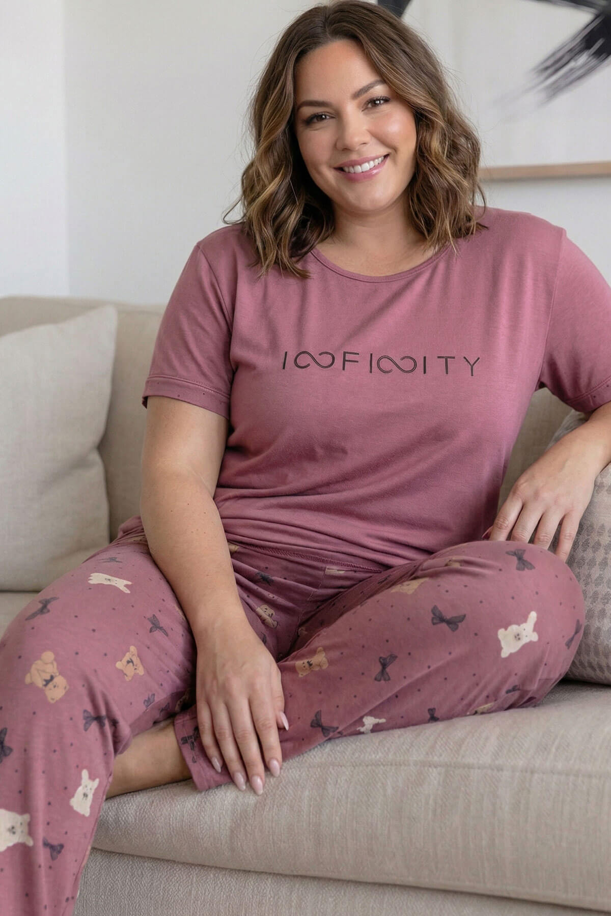 Pudra Infinity Desenli Büyük Beden Battal Bambu Kısa Kol Kadın Pijama Takımı
