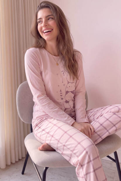 Pudra Katze Desenli Cotton Refined Kadın Pijama Takımı - Pijamaevi