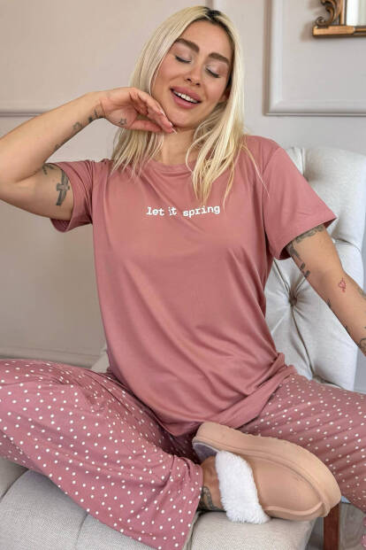 Pudra Let It Spring Desenli Bambu Kısa Kol Kadın Pijama Takımı - Pijamaevi