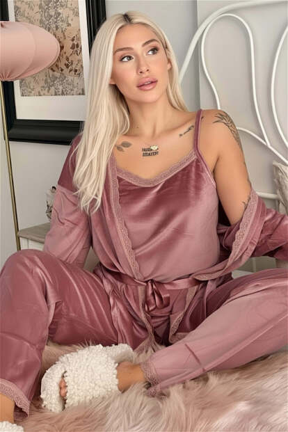 Pudra Pearl Exclusive Kadife Sabahlıklı Kadın Pijama Takımı  - Pijamaevi