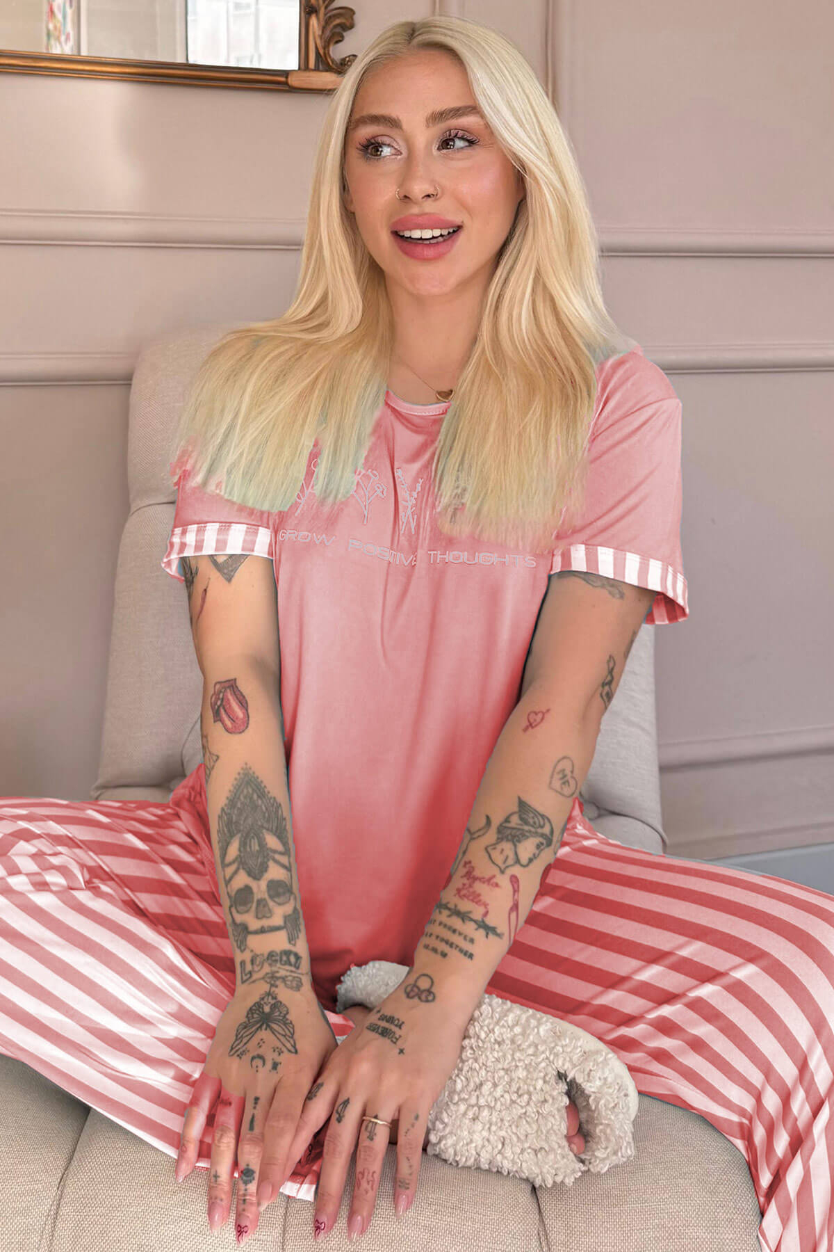 Pudra Positive Desenli Bambu Kısa Kol Kadın Pijama Takımı