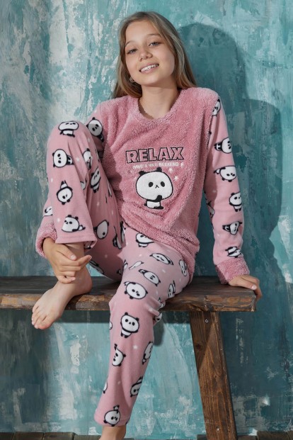 Pudra Relax Panda Desenli Kız Çocuk Peluş Pijama Takım - Pijamaevi
