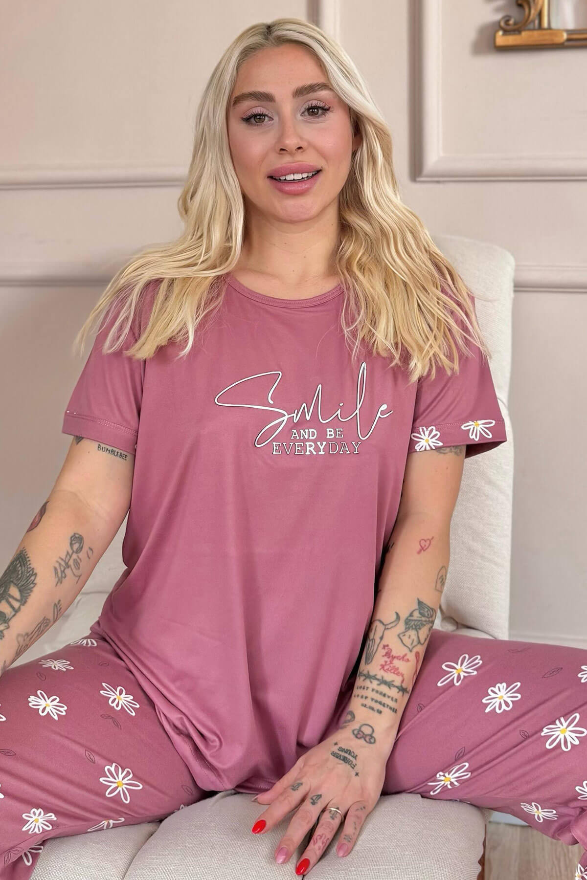Pudra Smile Everyday Desenli Bambu Kısa Kol Kadın Pijama Takımı