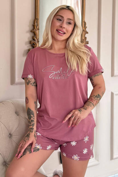 Pudra Smile Everyday Desenli Bambu Kısa Kol Kadın Şortlu Pijama Takımı - Pijamaevi