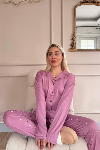 Pudra Stars Desenli Bambu Önden Düğmeli Uzun Kol Kadın Pijama Takımı - Pijamaevi (1)